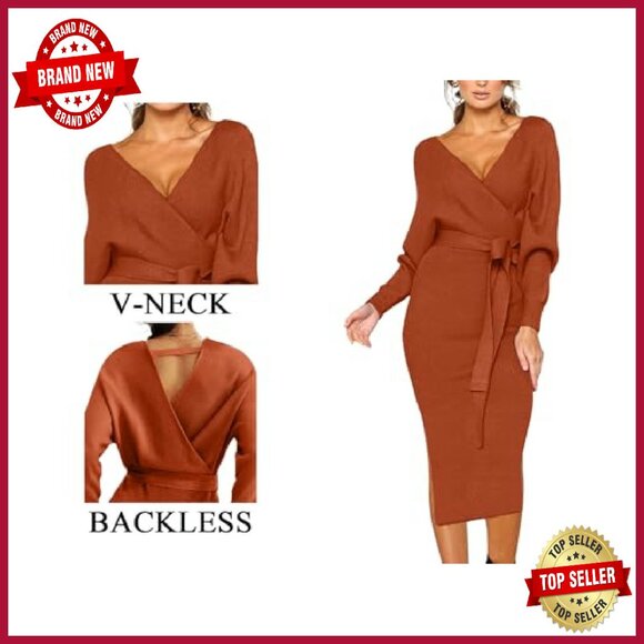 V Neck Backless Bodycon Sweater Dress with Belt Long Sleeve - Picture 6 of 8